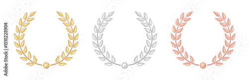 Set of gold silver and bronze laurel wreath flat icons