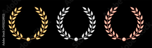 Laurel wreath award set. Gold, silver and bronze laurel frames icons on black background. First, second, third place prize concept. Vector illustration