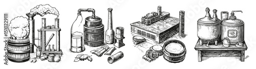 Vintage Distillation Equipment and Artisan Crafting Tools Illustration, Logo Design, Hand drawing Engraving, Vector Illustration Isolated Object