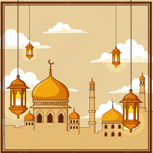 The image features a golden mosque illuminated by hanging lanterns, set against a backdrop of clouds and a light-colored sky. The scene exudes a sense of calm and peaceful spirituality.