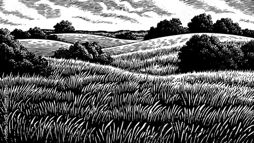 Amazing Green grass field on small hills. Meadow, alkali, lye, grassland, pommel, lea, pasturage, farm hand drawn black and white sketch outline