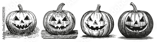 Vintage Black and White Illustration of Four Halloween Pumpkins, Logo Design, Hand drawing Engraving, Vector Illustration Isolated Object