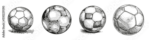 Vintage Illustration of Four Different Soccer Balls in Detail, Logo Design, Hand drawing Engraving, Vector Illustration Isolated Object