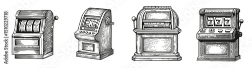 Vintage Slot Machines in Various Styles Illustrating Gambling Culture, Logo Design, Hand drawing Engraving, Vector Illustration Isolated Object