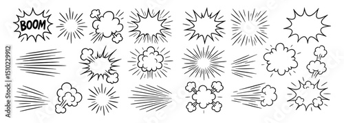 Cartoon Speed Line and Boom Motion Effect Set Explosive Action Elements Vector Illustration