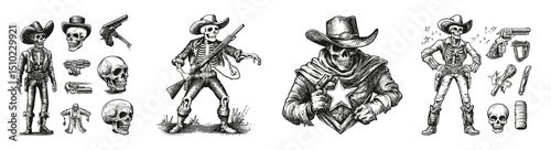 Vintage Western Skeleton Cowboy Illustrations with Guns and Accessories, Logo Design, Hand drawing Engraving, Vector Illustration Isolated Object