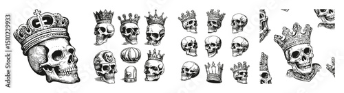 Vintage Crowned Skull Illustrations with Various Royal Designs, Logo Design, Hand drawing Engraving, Vector Illustration Isolated Object