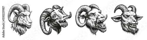 Detailed Illustrations of Various Goat Head Designs in Black and White, vector illustration, engraving design, logo design set, black and white line, template design element