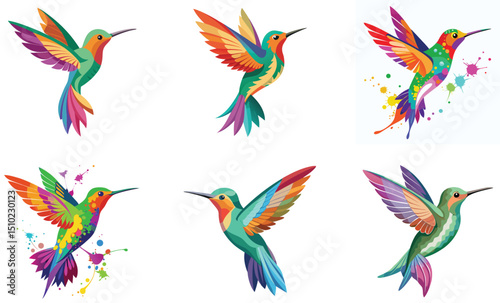 Set of 6 Ruby Throated Hummingbirds
 Hummingbirds Silhouettes Set, 
