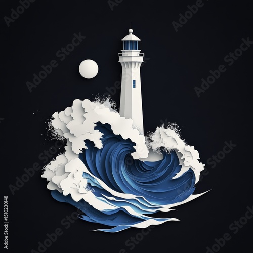 Lighthouse on a black background surrounded by high waves. Generative AI