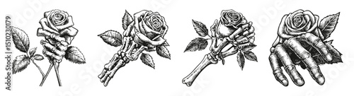 Intricate Art of Roses with Skeleton Hands Illustrating Life and Death, vector illustration, engraving design, logo design set, black and white line, template design element