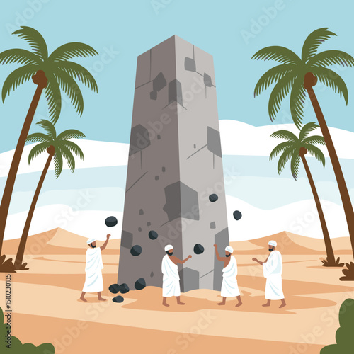  A person is performing the symbolic act of casting stones at the Jamarat, a key part of the Hajj pilgrimage, representing rejection of evil.