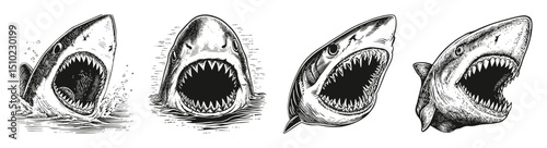 Realistic Illustrations of Fierce Sharks with Open Jaws, vector illustration, engraving design, logo design set, black and white line, template design element