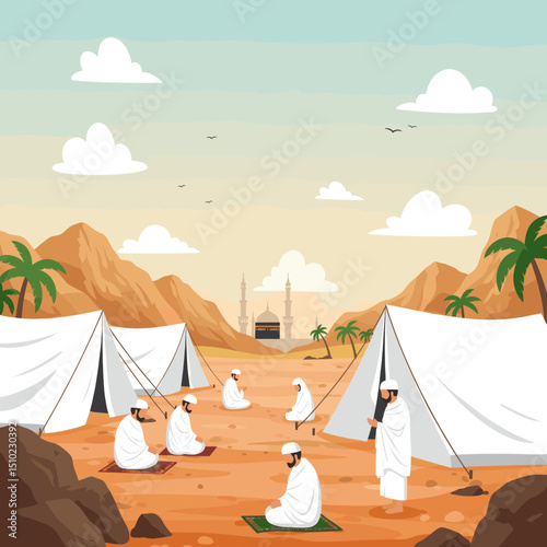 his illustration shows a camp in a desert, with several white tents set up in the foreground. The backdrop features distant mountains and palm trees, giving the scene an oasis-like feel.