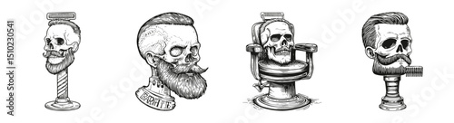 Vintage Barbershop Logo Design with Skull and Clipper Illustrations, vector illustration, engraving design, logo design set, black and white line, template design element