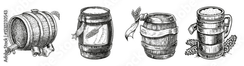 Vintage Beer Barrel and Mug Illustrations with engraving Design Elements