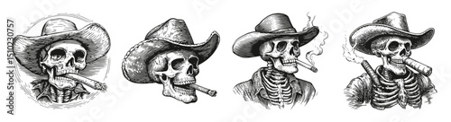 Vintage Cowboy Skeletons with Hats and Cigars in Grunge Style, vector illustration, engraving design, logo design set, black and white line, template design element