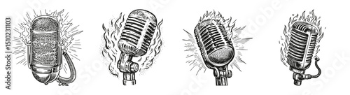 Vintage Retro Microphones with Flames for Podcast and Singing Themes, vector illustration, engraving design, logo design set, black and white line, template design element