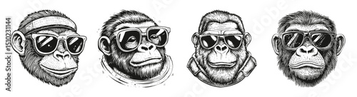 Stylish Gorilla Illustrations with Sunglasses in Unique Designs, vector illustration, engraving design, logo design set, black and white line, template design element