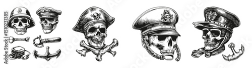 Detailed Military Cap and Helmet Designs with Skull Theme Artwork, vector illustration, engraving design, logo design set, black and white line, template design element