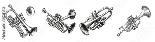 Vintage Jazz Instruments Featuring Retro Trumpets and Horns Design, vector illustration, engraving design, logo design set, black and white line, template design element
