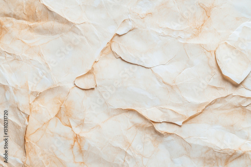 Crumpled beige paper texture with natural folds and creases creating an abstract background pattern for design projects