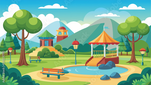 Cartoon Park Scene with Benches, Gazebo, Pond, and Mountain Backdrop Illustration