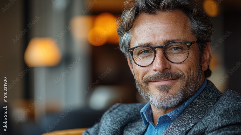 Fototapeta premium Smiling man in glasses at cafe with warm background lighting