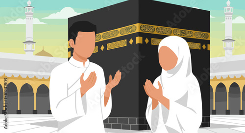 The Kaaba in the center of the Masjid al-Haram surrounded by pilgrims. The clear skies and the iconic structure are highlighted in this Islamic sacred site.