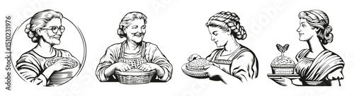Vintage Illustration of Women Making and Serving Pies in Kitchen, vector illustration, engraving design, logo design set, black and white line