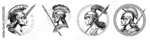 Detailed Illustrations of Ancient Warriors in Various Poses and Styles, vector illustration, engraving design, logo design set, black and white line