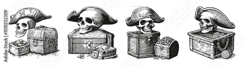 Vintage Pirate Treasure Skull Illustrations for Nautical Designs, vector illustration, engraving design, logo design set, black and white line