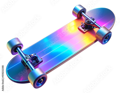 Floating Holographic Skateboard with Neon Gradient Shine, Modern 3D Design Isolated PNG