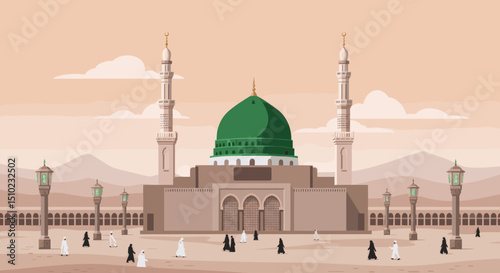 Two children are standing in front of a mosque in a landscape filled with rolling hills and a bright sun. The image is colorful and cheerful, representing innocence and the spirit of Islamic tradition