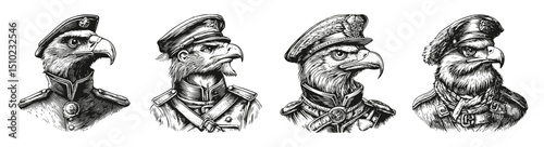 Vintage Military Eagle Illustrations with Detailed Character Design, vector illustration, engraving design, logo design set, black and white line