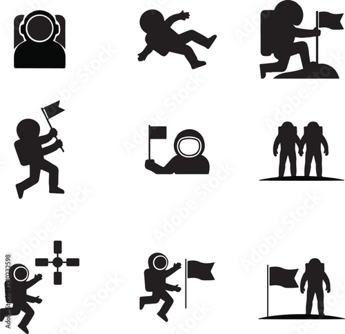 A collection of black silhouette icons depicting various astronaut activities in space.