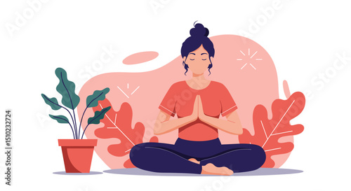 Woman meditating with plants in a serene indoor environment  