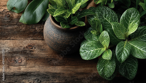 Green leaves on a dark wooden background with copy space for text