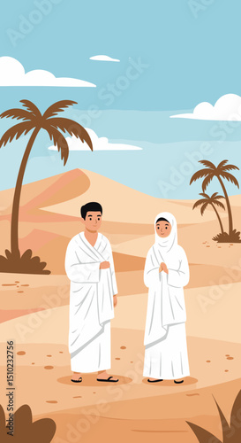 Two individuals, both dressed in white Ihram clothing, are walking together through a desert landscape, possibly during the Hajj pilgrimage in Saudi Arabia.
