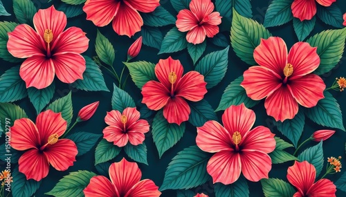 Bold hibiscus blooms, stylized leaves, seamless repeat , design, red, exotic