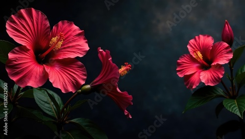 Bold hibiscus flowers, bold outlines, dark background , graphic, pattern