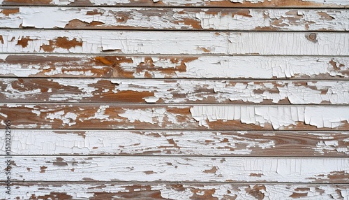 Aged wooden planks with peeling white paint, revealing weathered wood beneath for a rustic, distressed look.