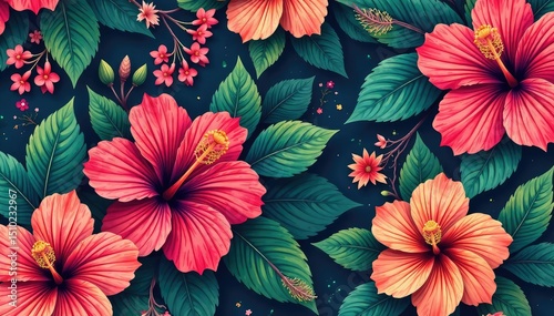 Bold tropical hibiscus pattern, vibrant colors, blossom, paradise, hibiscus