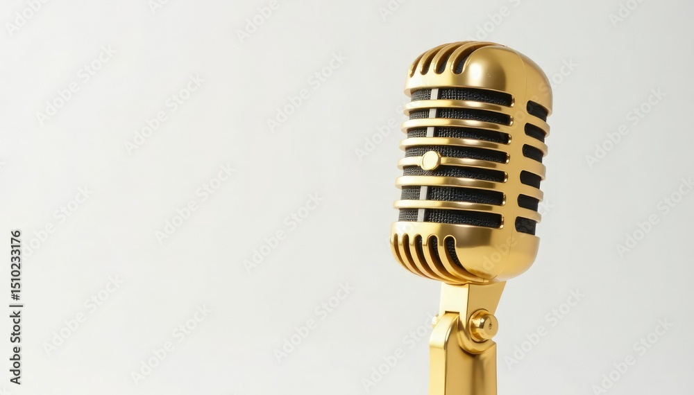 Fototapeta premium Close-up of a single gold microphone on white background, microphone, style
