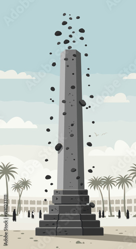 A person is performing the ritual of "Ramī al-Jamarāt" (stoning of the devil) during Hajj. The stone structure is depicted with a person throwing stones towards it in a desert-like setting.
