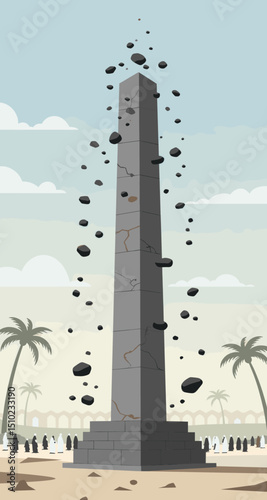 A person is performing the ritual of "Ramī al-Jamarāt" (stoning of the devil) during Hajj. The stone structure is depicted with a person throwing stones towards it in a desert-like setting.
