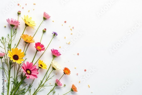 Delicate, scattered wildflowers on white background, art, spring