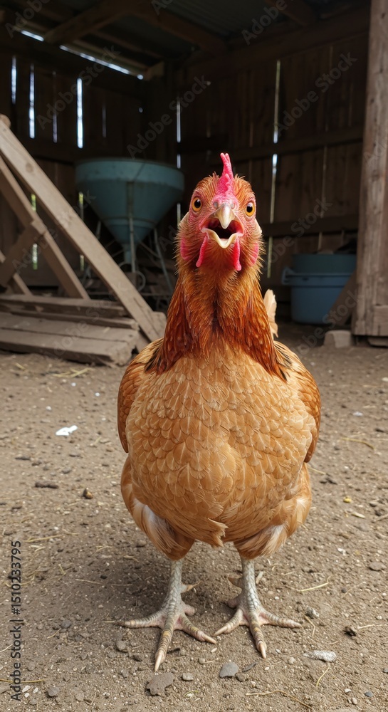 Fototapeta premium A Curious Chicken in a Rustic Barn Setting: A Close-Up Portrait of a Feathered Friend