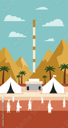 A vast desert landscape filled with white tents, symbolizing the tent cities where pilgrims stay during the Hajj pilgrimage in Saudi Arabia.