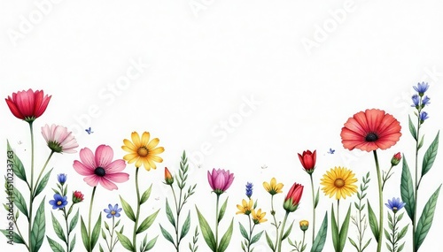 Delicate watercolor wildflowers arranged in a repeating design, green, illustration, floral
